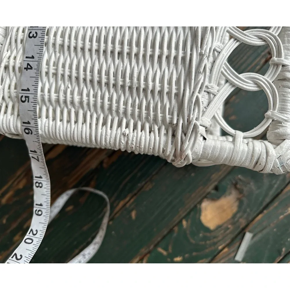 Vintage White Wicker Magazine Rack Basket Storage Handle Cottagecore Coastal